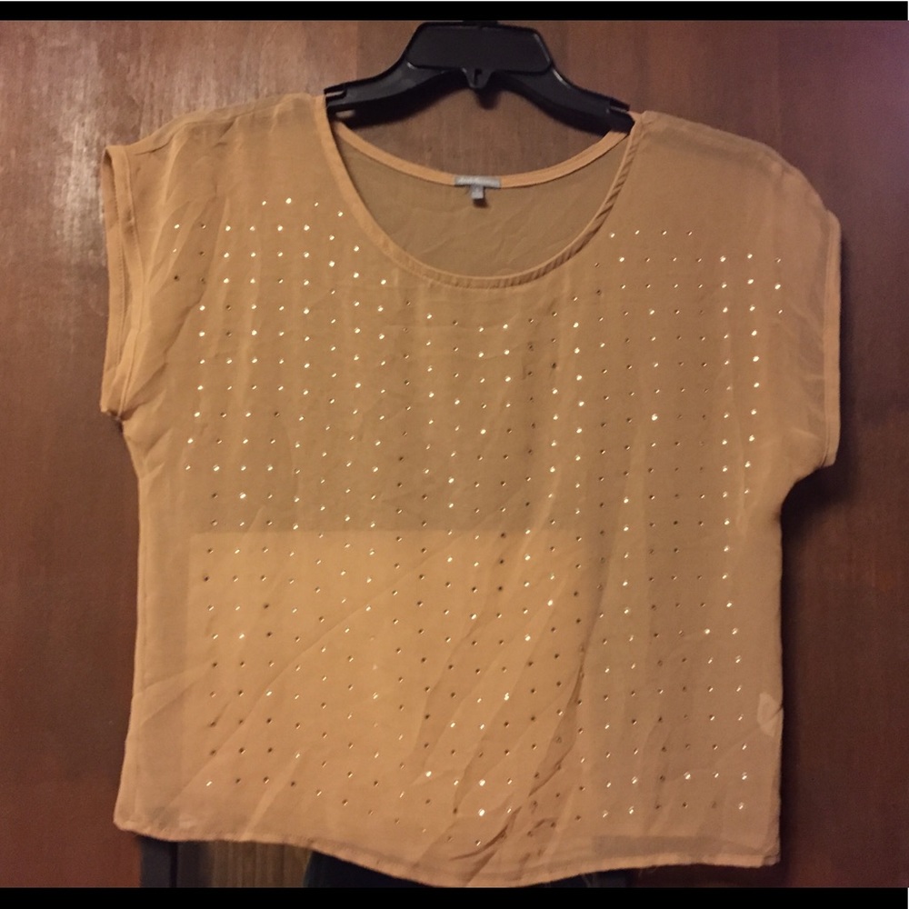 Tan rhinestone see-through crop top